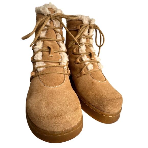 Vtg Y2K Report Tan Suede Fur Rubber Chunky Heel Ankle Boots Womens Sz 7.5 90s - Picture 4 of 16